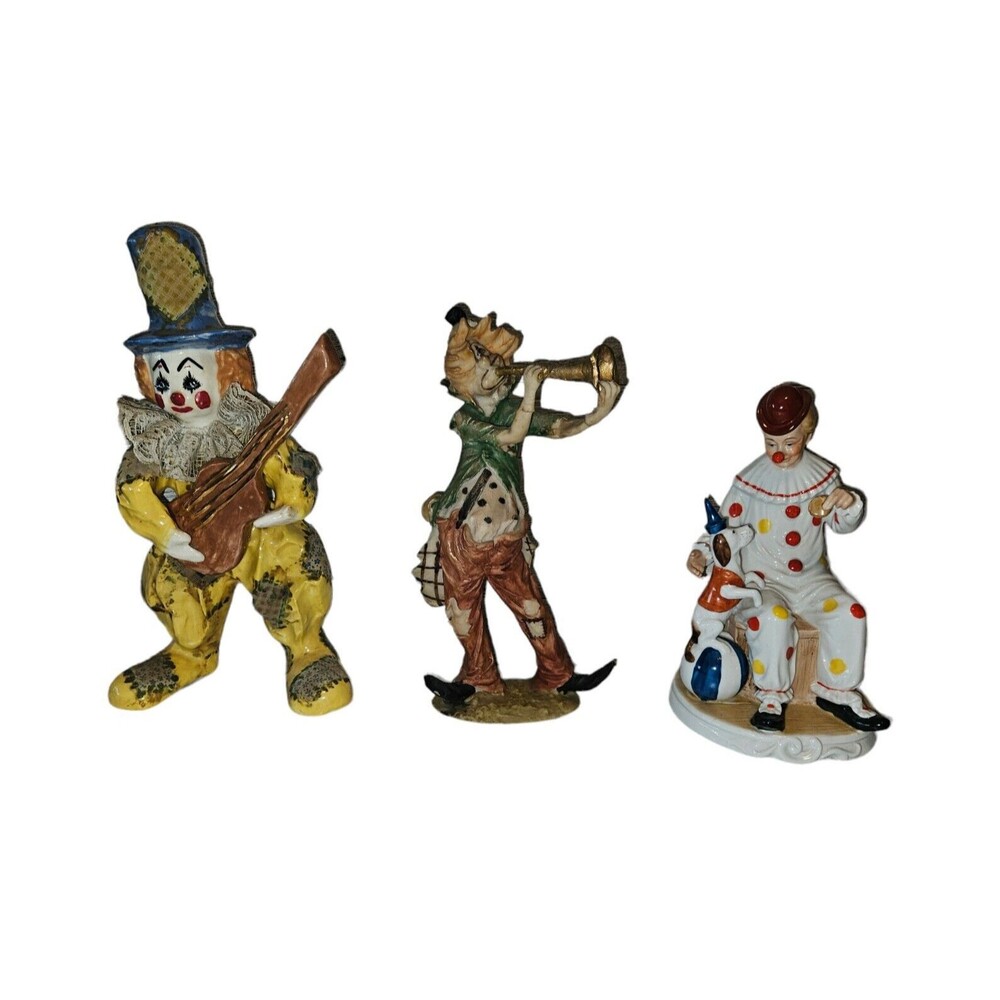 Vintage Porcelain Clown 3 Piece Bundle. Musical. Porcelain and Resin.